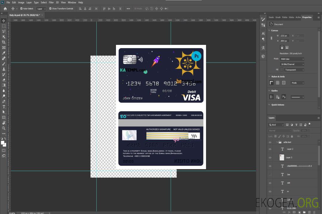 Modèle de carte de débit de carte visa Bangladesh Sonali Bank au format PSD, entièrement modifiable template